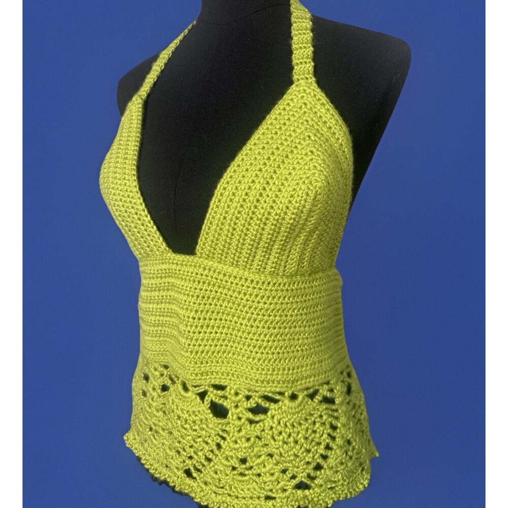 Handmade Lime Green Crochet Halter Corset Top Fairycore Boho Festival Lace-Up
